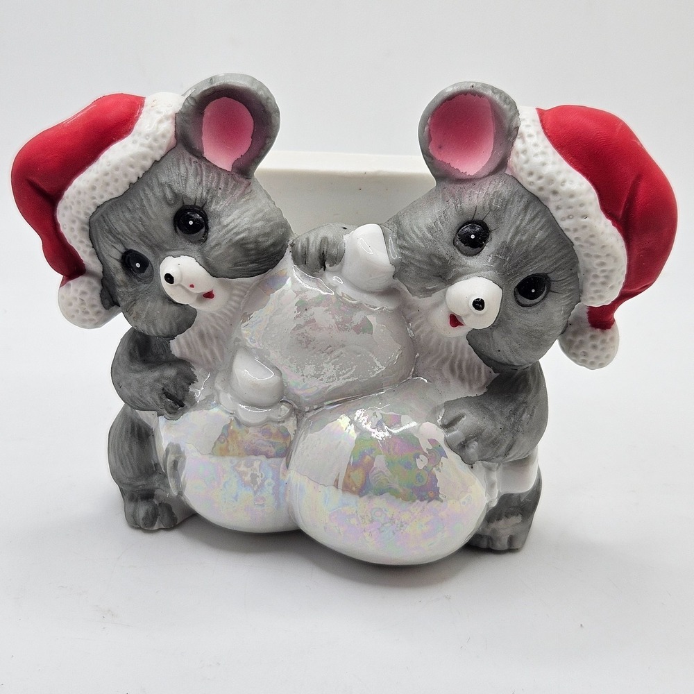 Vintage 1986 HOL Christmas Mice Napkin Holder Iridescent Pearl Holiday Decor